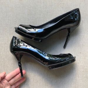 Gucci leather patent peep toe platform heels